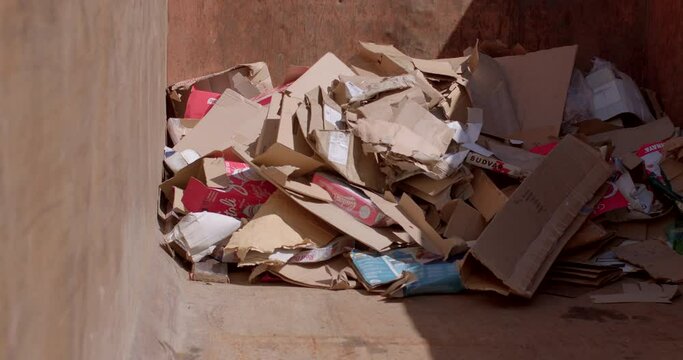 Sorting garbage at a mobile waste sorting point. Paper collect before being transported for recycling. CZ, Milovice, 7.8.22 Let it Roll