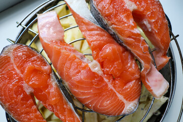 seafood. salmon steak on the grill