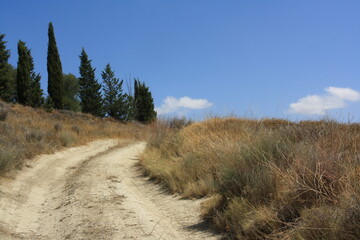 Carretera de tierra por la montaña con cielo azul