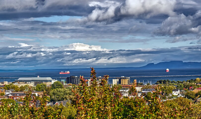 Panorama of grain ships on Lake Superior seen from Hillcrest park, Thunder Bay, ON, Canada