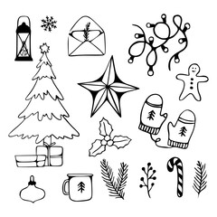 Set of winter season, Christmas, New year, XMAS design on background, for holiday, celebration party, new year, print or wrapping paper. Line art style. Green and white color