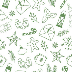 Seamless pattern of winter season, Christmas, New year, XMAS design on background, for holiday, celebration party, new year, print or wrapping paper. Line art style. Green and white color