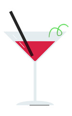 Popular alcoholic summer cocktail with lime slice. Cosmopolitan pink drink of citron vodka and cranberry and lime juice in martini glass. Modern classic 80s cosmo beverage. Flat vector illustration