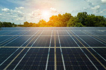 Aerial view of solar panels installed as shade roof over parking lot for parked cars for effective...