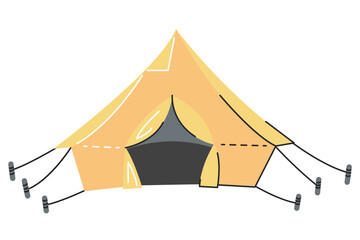 Summer camping house concept design isolated on white background. Hiking tourist tent for outdoor activities. Sports adventure season. Journey in nature. Marquee hand drawn flat vector illustration