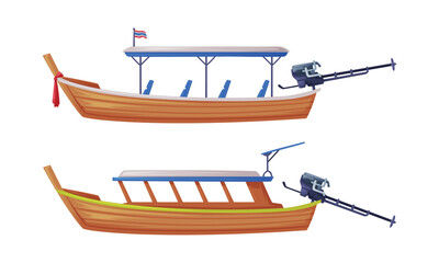 Wooden Long-tail Boat as Thailand Symbol and Famous Transport Vector Set