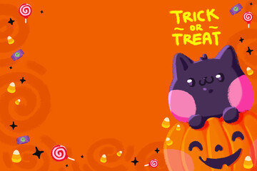 fondo naranja de trick or treat con ilustración de gato en calabaza y dulces
