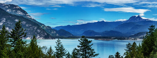 Panoramic view of the snow covered coastal mountains on the Sea to Sky Highway, BC, Canada