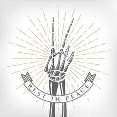 Dead Man Skeleton Hand Showing Victory or Peace Symbol Halloween Comic Creative Template - Black on White Background - Mixed Graphic Design