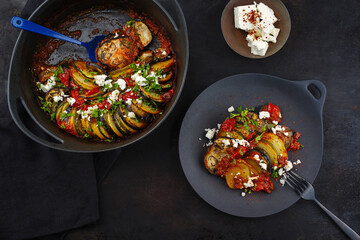 Modern style traditional Greek briam with sliced vegetable, potatoes and feta cheese served as top...