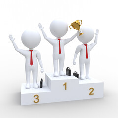 The man in first place on the podium with the cup, businessman, sales manager. 3D Render. Isolated on white background. 3d man, people.