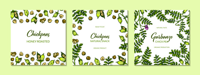 Set of colorful chickpeas designs. Hand drawn illustration in colored sketch style. Botany template for packaging, banner, poster