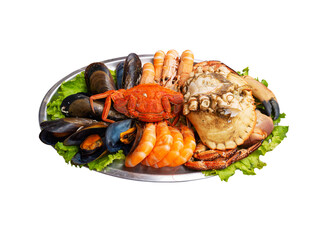 Seafood serving isolated transparent png. Mussels, shrimps, brown crab, spider crab and Norway lobsters  
