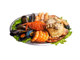 Seafood serving isolated transparent png. Mussels, shrimps, brown crab, spider crab and Norway lobsters  