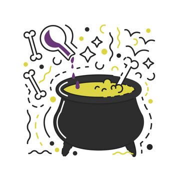 Magical steel cauldron with boiling green potion isolated on white. Flask with purple ingredient for witchcraft ceremony. Wizard bubbling pot. Hand drawn flat textured  dark magic vector illustration