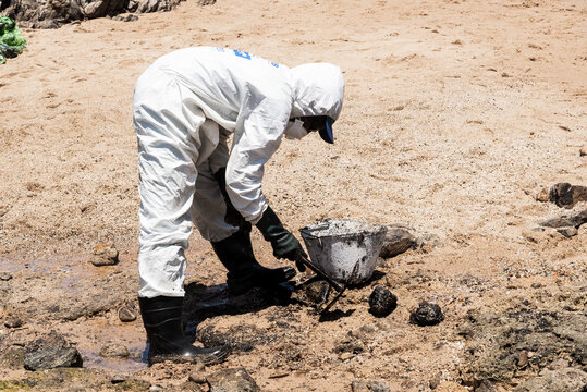 Cleaning Agents Extract Oil From Pedra Do Sal Beach In The City Of Salvador.