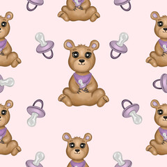 Cute baby bear girl seamless pattern. Hand drawn watercolor baby grizzly bear with nipple seamless pattern, isolated on pink background. Design for kids textile, fabric, clothes, wallpaper, cards.