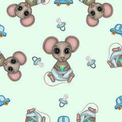 Cute baby mouse boy seamless pattern. Hand drawn watercolor baby mouse with nipple, car toy seamless pattern, isolated on green background. Design for kids textile, fabric, clothes, wallpaper, cards.