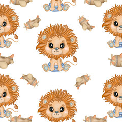 Cute baby lion seamless pattern. Hand drawn watercolor baby lion in diaper, plane wooden toy seamless pattern, isolated on white background. Design for kids textile, fabric, clothes, wallpaper, cards.