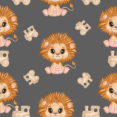 Obraz premium Cute baby lion with airplane seamless pattern. Hand drawn watercolor little lion and wooden train toy digital paper. Isolated on brown background. Design for kids fabric, wrapping designs, wallpapers.