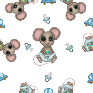 Cute baby mouse boy seamless pattern. Hand drawn watercolor baby mouse with nipple, car toy seamless pattern, isolated on white background. Design for kids textile, fabric, clothes, wallpaper, cards.