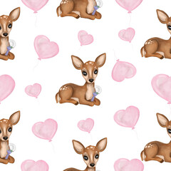 Cute baby girl deer with balloons seamless pattern. Hand drawn watercolor adorable deer with balloons digital paper. Isolated on white background. Design for kid wrapping design