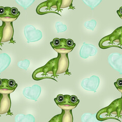 Cute baby iguana with balloons seamless pattern. Hand drawn watercolor adorable iguana with balloons digital paper. Isolated on green background. Design for kid wrapping design