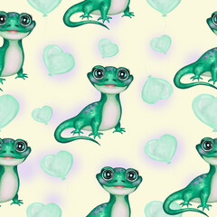 Naklejka premium Cute baby iguana with balloons seamless pattern. Hand drawn watercolor adorable iguana with balloons digital paper. Isolated on yellow background. Design for kid wrapping design