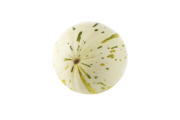 Ivory gaya melon with green and yellow dashed striations and flecks isolated transparent png. Colorful ripe fruit.