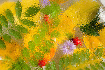 Bright autumn background. autumn yellow and green leaves, rose hips on rainy glass texture, abstract natural background. autumn season concept. rainy day weather