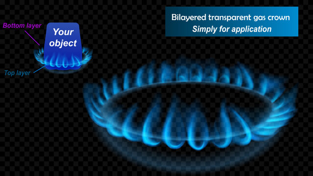 Translucent blue flames of natural gas, consisting of two layers - top and bottom. Kitchen gas burner. For use on on dark background