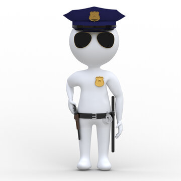 A policeman with a gun and a baton. Policeman Wearing Uniform. 3D Render. Isolated on white background.3d man, people.