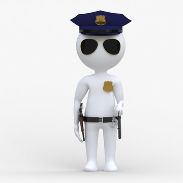 A policeman with a gun and a baton. Policeman Wearing Uniform. 3D Render. Isolated on white background.3d man, people.