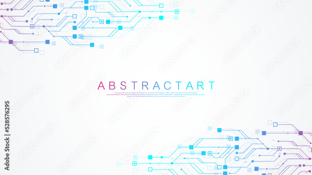 Poster Modern technology circuit board texture background design. Waves flow. Quantum explosion technology. Quantum computer technologies concept. Futuristic blue circuit board background vector motherboard