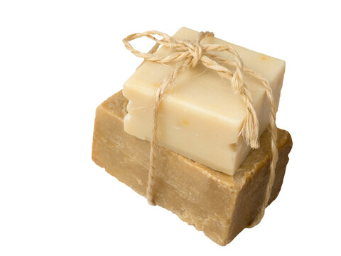 Homemade olive oil soap tied with jute rope, isolated transparent png