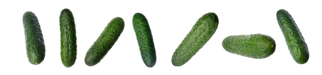 Set with whole ripe cucumbers on white background. Banner design