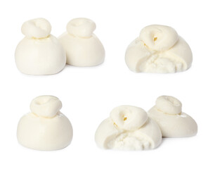 Set with fresh delicious burrata cheese on white background