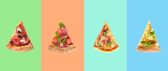 Set with slices of delicious pizzas on different color backgrounds, top view. Banner design