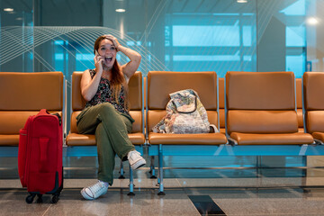 Mujer turista esperando en la zona de embarque por su próximo vuelo, mientras recibe gratas...