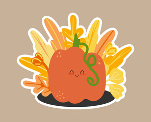 Beautiful cute pumpkin sticker with botanical elements. Decor for celebrating Halloween. Minimalistic vector silhouette of a pumpkin in a flat style