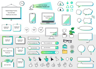 パソコン　タブット　スマートフォン　メモ帳　ファイル　吹き出し　オフィスのインテリアのフレームセット