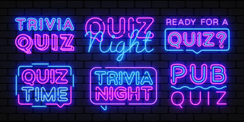 Quiz Game big collection neon signs. Quiz Night Design template, modern trend design, night light signboard, night bright advertising. Vector illustration