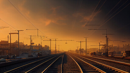 Fototapeta na wymiar Railway station during sunrise or sunset