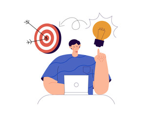 Young man working on the laptop computer and having a idea. Freelance job, creativity innovation business idea concept