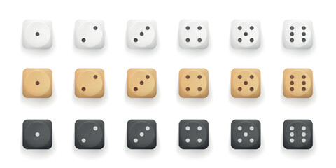 Set of dice game cubes. Dice from one to six dots isolated on white background. Top view 3d realistic vector illustration. - obrazy, fototapety, plakaty
