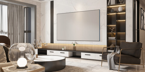 premium modern living room picture for mockup with empty tv screen - obrazy, fototapety, plakaty