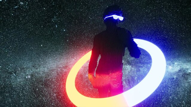 Pixelated Michelangelo's David with glowing glasses on space