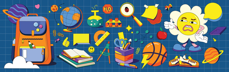 Big vector set with school subjects. Collection of flat illustrations. Globe, books, briefcase, pen holder, test tubes and everything related to science on a dark blue background. Character cute