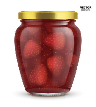 Strawberry Jam Jar Glass Mockup Vector Isolated On White Background. Glass Jar Mockup For Design Presentation Ads.