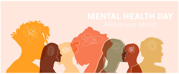 Mental Health Awareness Month banner. People silhouette head isolated.